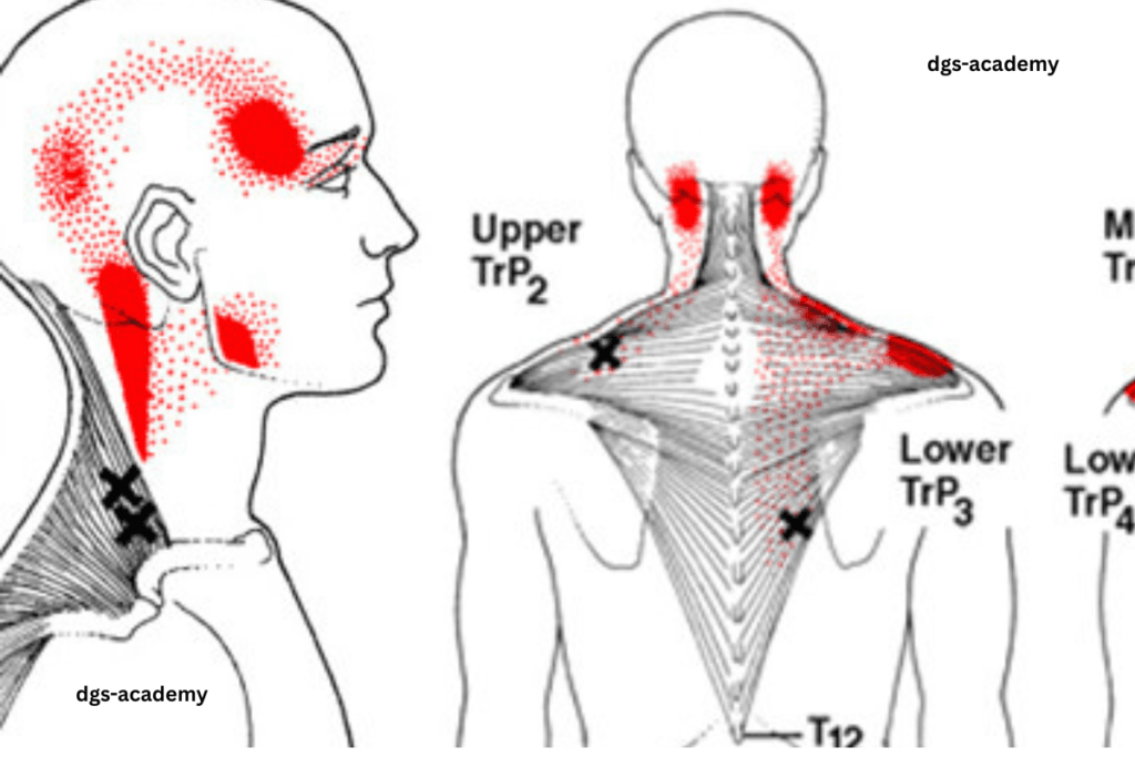 斜方肌激痛点（Trigger Point）位置与牵涉痛（Referred Pain）分布图，说明为何肩颈紧绷会导致头痛与手臂放射性疼痛。”