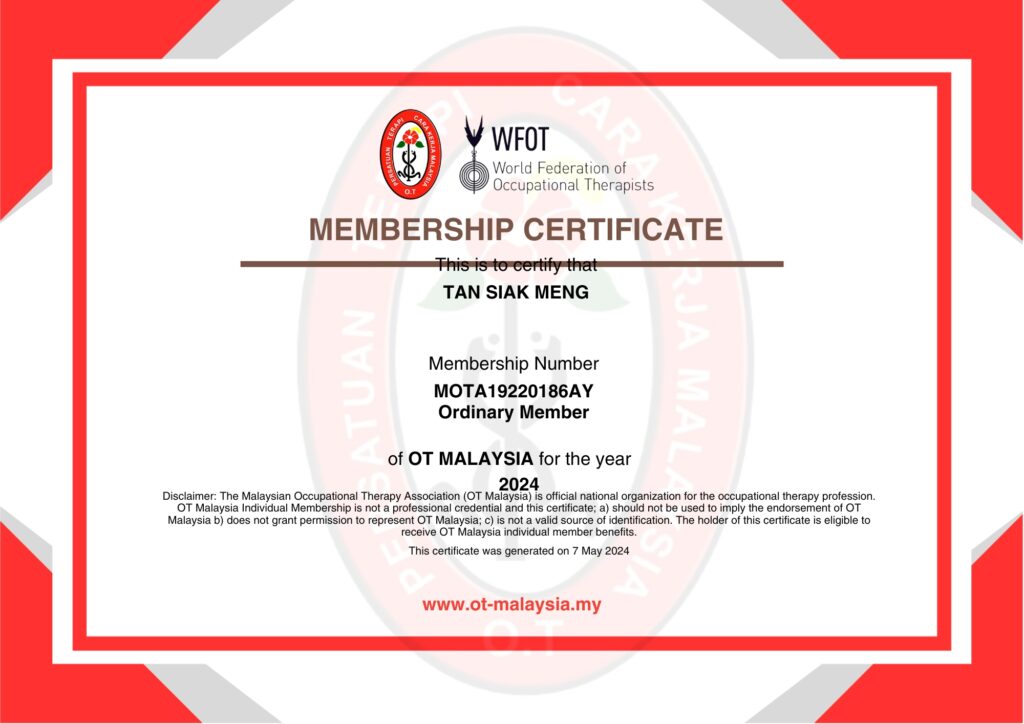 Membership Certificate of WFOT and OT Malaysia awarded to Tan Siak Meng, Occupational Therapist.