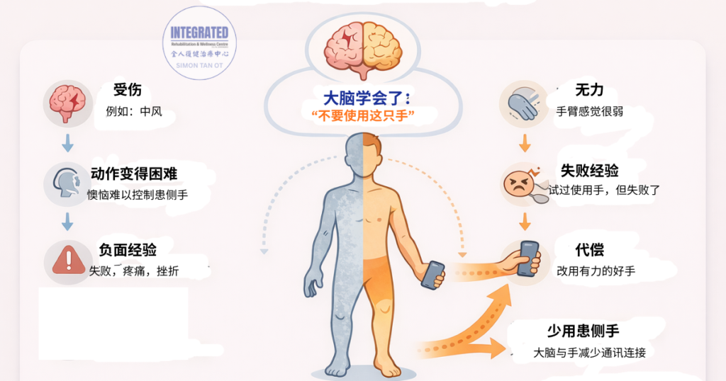 习得费用示意图，说明中风后因反复失败与代偿使用，导致较弱手臂使用减少的过程。
